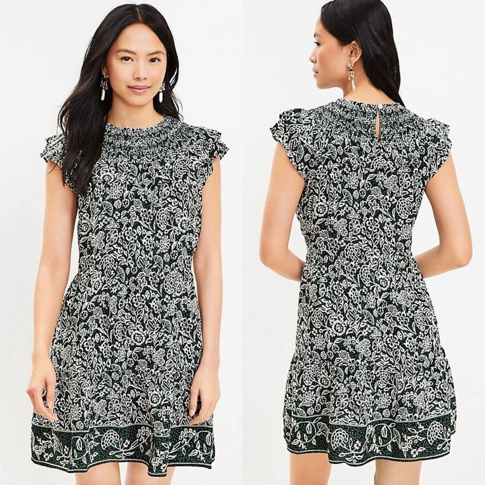 NWT LOFT Garden Ruffle Tiered Swing Black Green Floral Dress Smocked S Petite SP